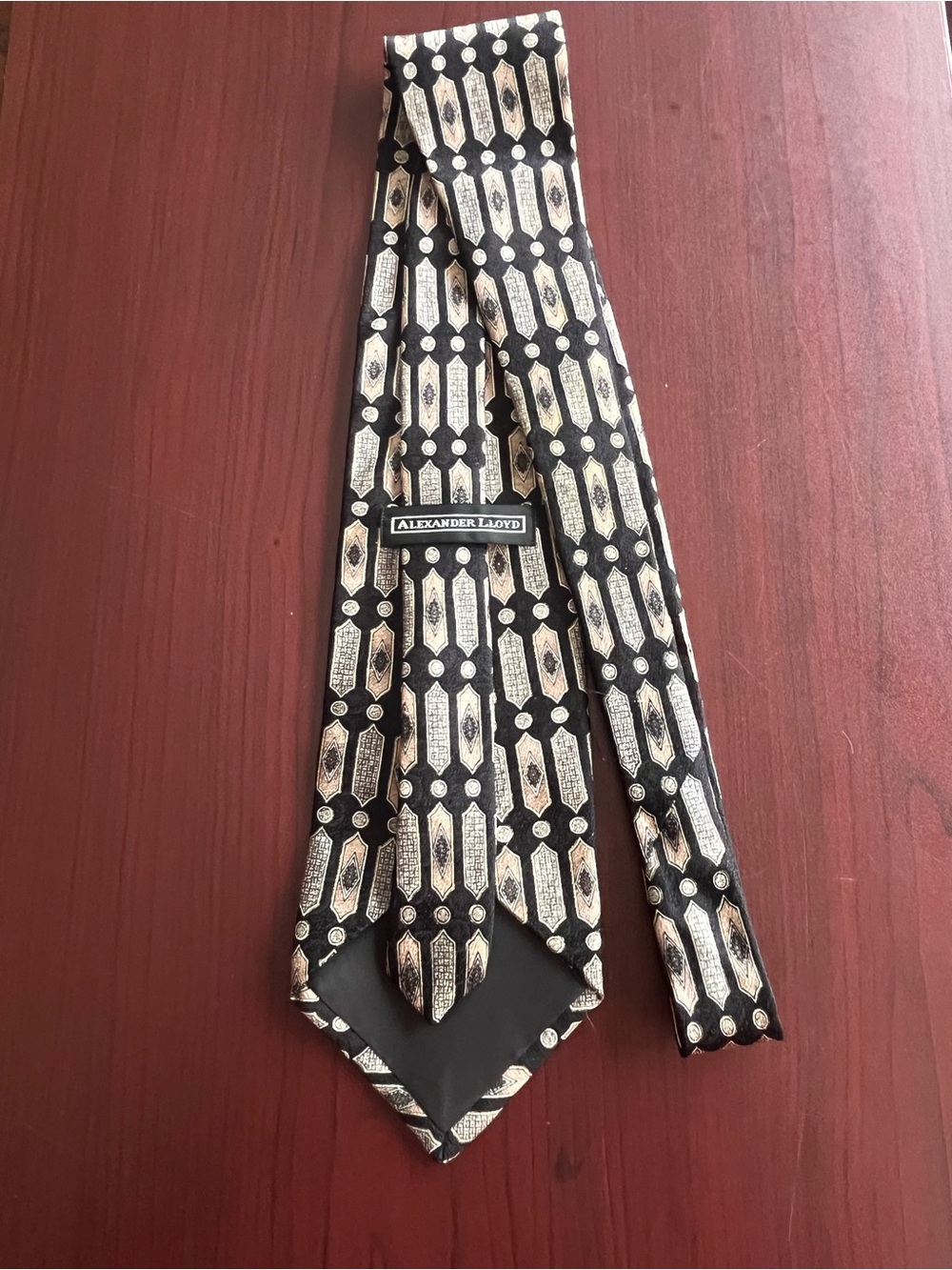 Alexander Lloyd Classic 100% Silk Black Tie with Gold Geometric Pattern